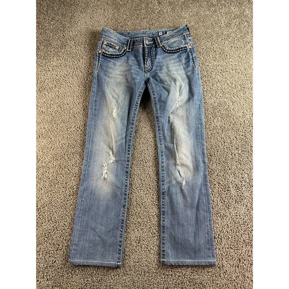 Miss Me Jeans Womens 30 Blue Straight Fit Thick Chain Stitch Denim Distressed - Picture 1 of 16